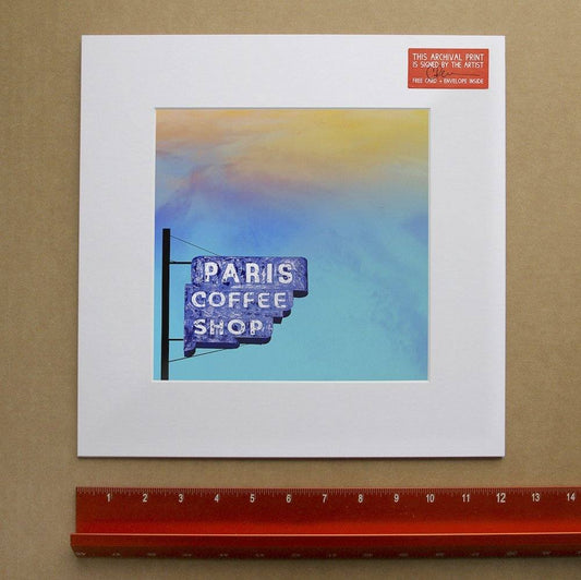Museum print of Paris Coffee Shop sign in Fort Worth Texas with blue sky background on heavyweight cotton paper