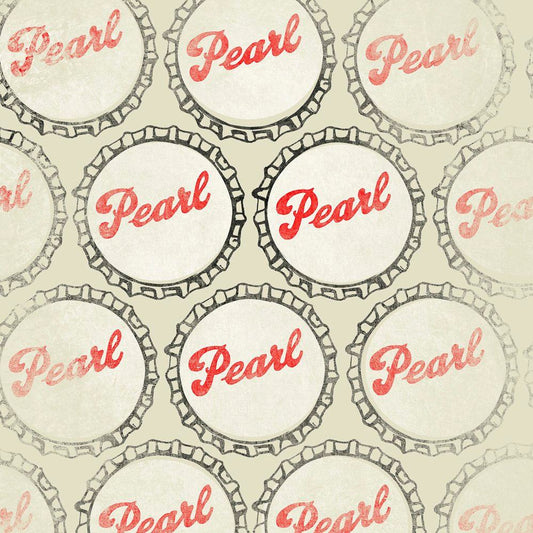 Pattern of Pearl beer bottle caps in red and white print on acid-free paper artwork