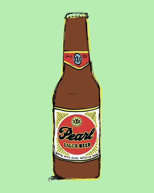 Pearl Beer Drawn On The Green modern art print by Crum Art showcasing a stylized Pearl Lager Beer bottle on a green background