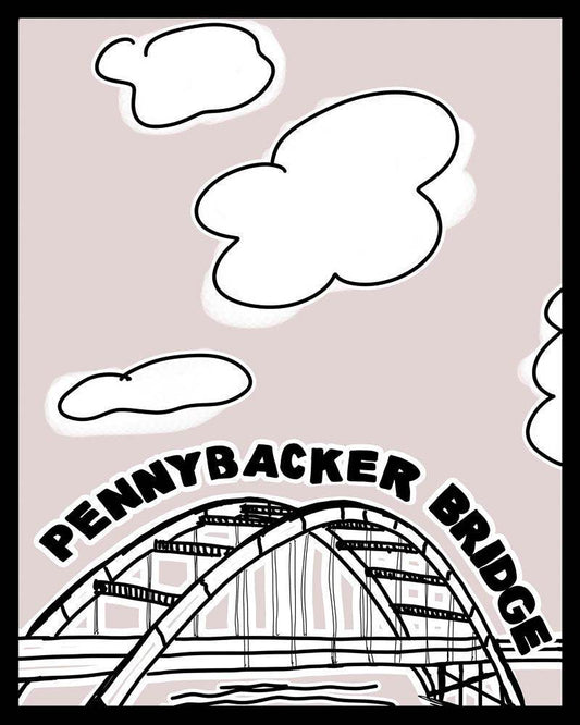 Black and white artistic museum print of PennyBacker Bridge with clouds and bold text on acid-free cotton paper