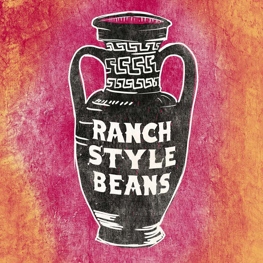 Museum-style drawing of a black vintage vase labeled Ranch Style Beans on textured red and orange background