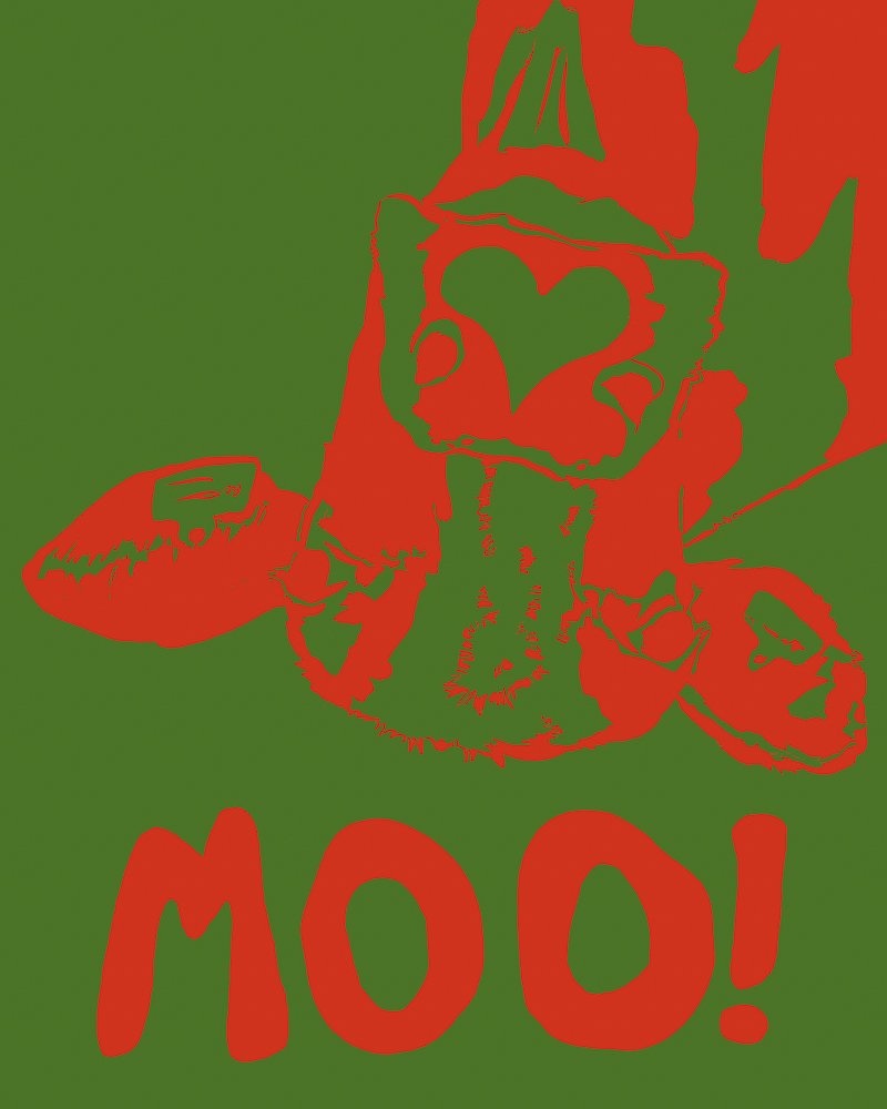 Moo Cow Print red and green modern nursery art with cute cow illustration and "MOO!" text