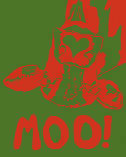 Red and green Moo Cow Print modern art on cotton rag paper by Caya Crum