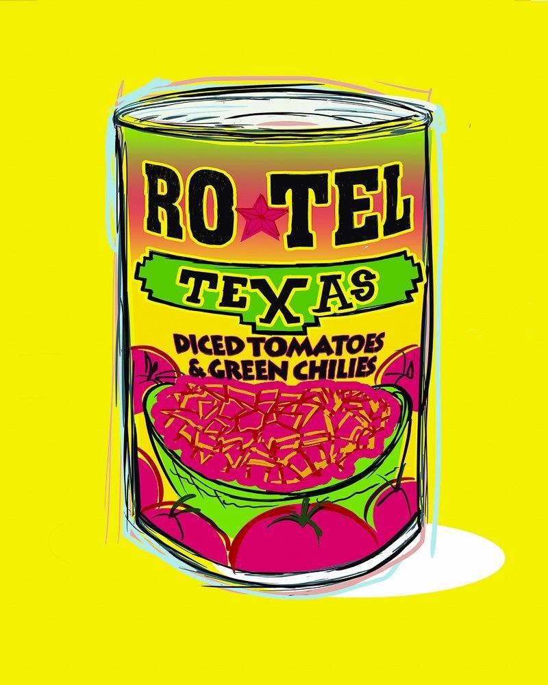 Rotel Tomatoes art print by Betsy Crum featuring colorful diced tomatoes and green chilies can design on bright yellow background
