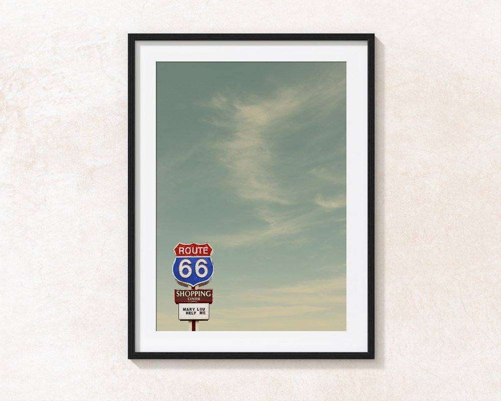 Route Mary Lou Help Me art print featuring Route 66 sign with sky background by Betsy Crum