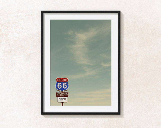 Route Mary Lou Help Me art print featuring Route 66 sign with sky background by Betsy Crum