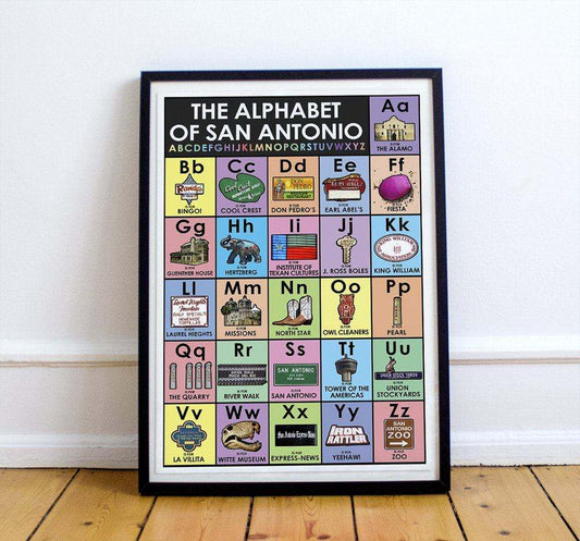 Alphabet Of San Antonio colorful ABC wall art print featuring San Antonio landmarks on cotton rag paper by Betsy Crum