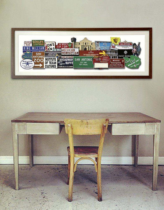San Antonio Favorite Signs art print by Carl Crum displayed above a vintage desk and chair