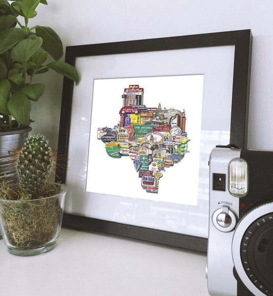 Framed San Antonio Signs Icons Texas shaped photomontage collage art print by Betsy Crum