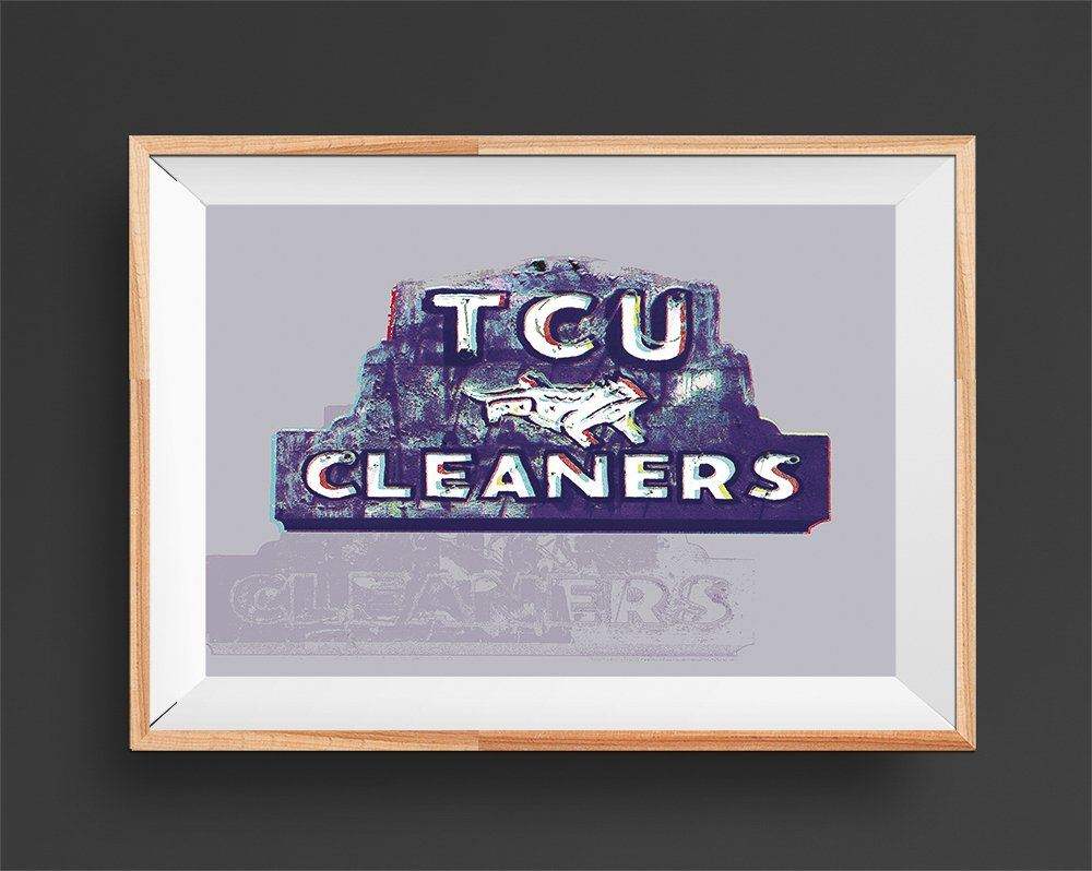 TCU Cleaners Fort Worth Texas art print framed on wall by Crum Art