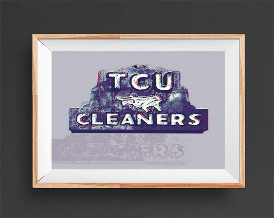 TCU Cleaners Fort Worth Texas art print framed on wall by Crum Art