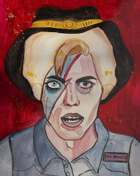 Texas David Bowie art print by Betsy Crum with colorful face paint, cowboy hat, and red background.
