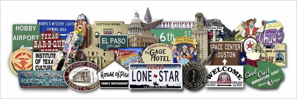 Texas Favorites Art Print by Betsy Crum featuring iconic Texas signs and landmarks on archival cotton rag paper