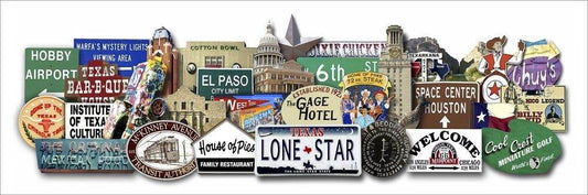 Texas Favorites Art Print by Betsy Crum featuring iconic Texas signs and landmarks on archival cotton rag paper