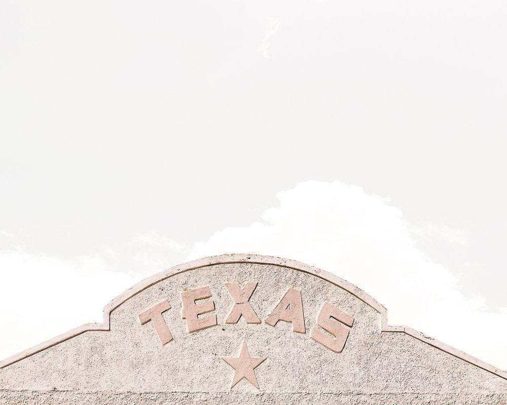 Marfa Texas Sky art print by Betsy Crum with Texas text and star on textured wall background