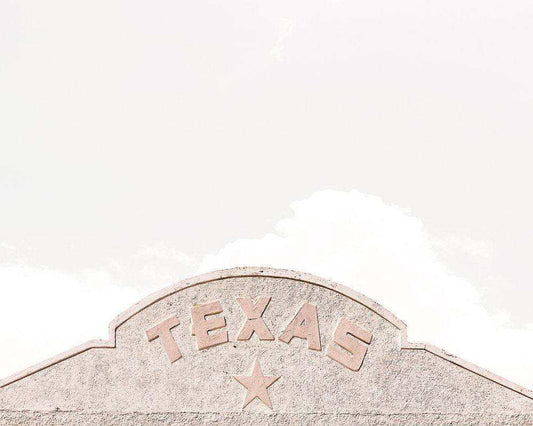 Marfa Texas Sky art print by Betsy Crum with Texas text and star on textured wall background