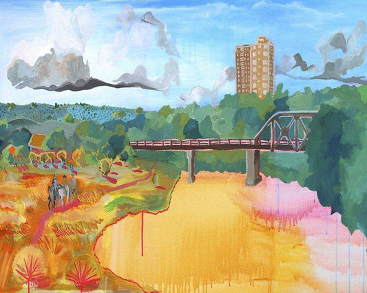 The River Art Print by Betsy Crum showing a colorful river scene with bridge and cityscape in modern style