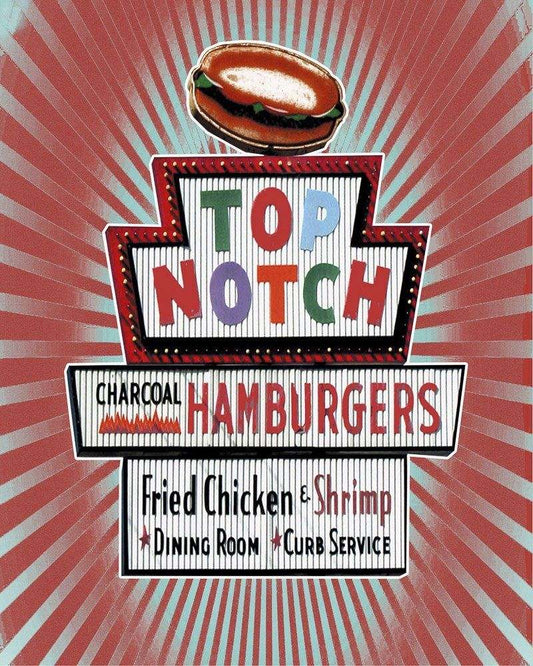 Top Notch Hamburgers vintage-style art print by Betsy Crum with vibrant retro diner sign and burger design