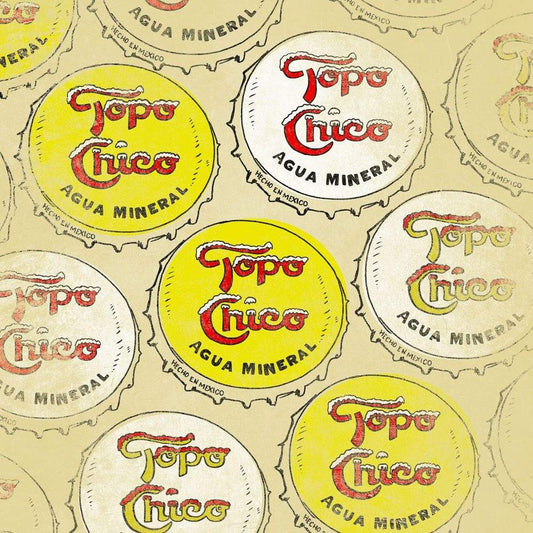 Topo Chico Bottlecap art print featuring multiple colorful bottle caps with Agua Mineral text on cotton rag paper