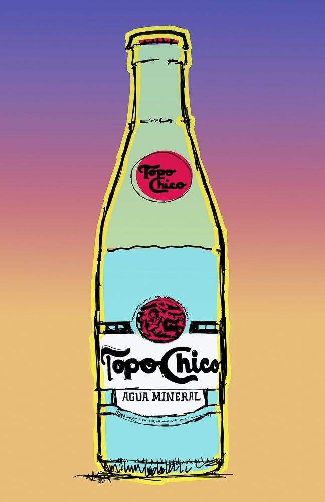 Topo Chico On Gradient art print by Betsy Crum featuring a colorful bottle illustration on gradient background