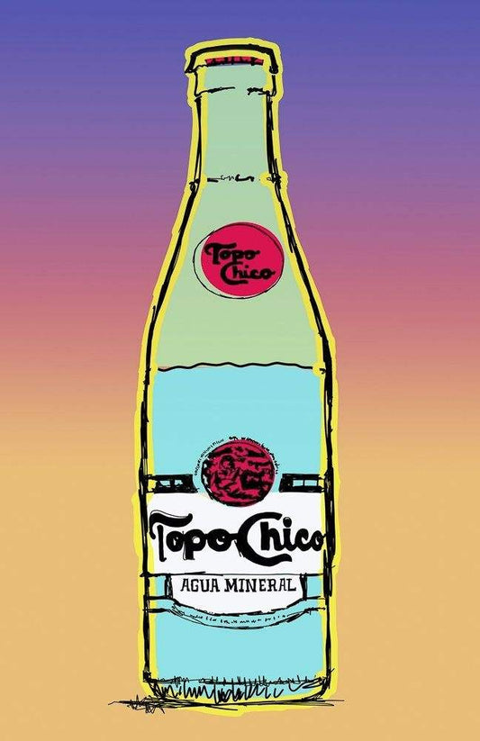 Topo Chico On Gradient art print by Betsy Crum featuring a colorful bottle illustration on gradient background