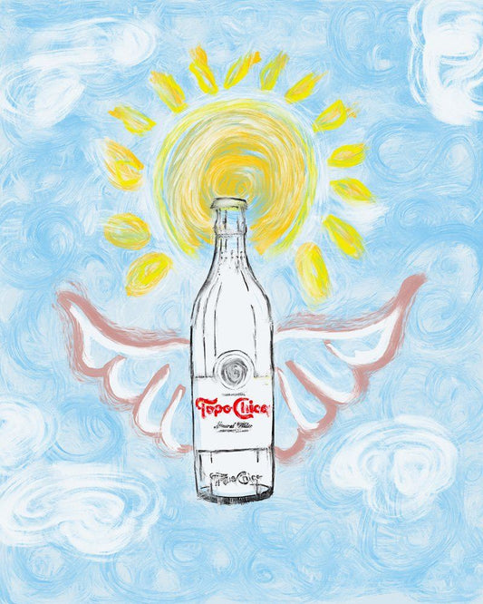 Topo Chico Heaven art print by Betsy Crum with bottle wings and sun on blue sky background