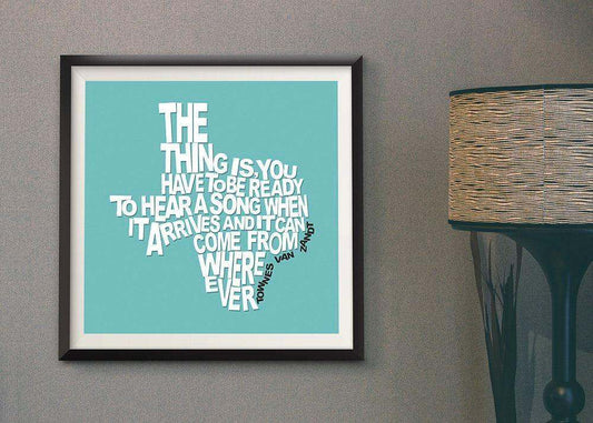 Townes Van Zandt quote art print by Betsy Crum in black frame on teal background wall decor