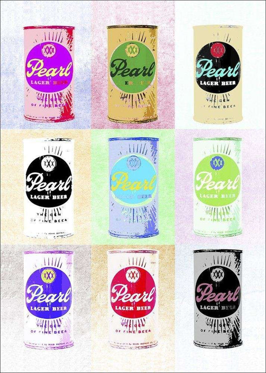 Pearl Beer Warhol pop art print featuring colorful Pearl Lager Beer cans, Crum Art Texas wall decor by Betsy Crum