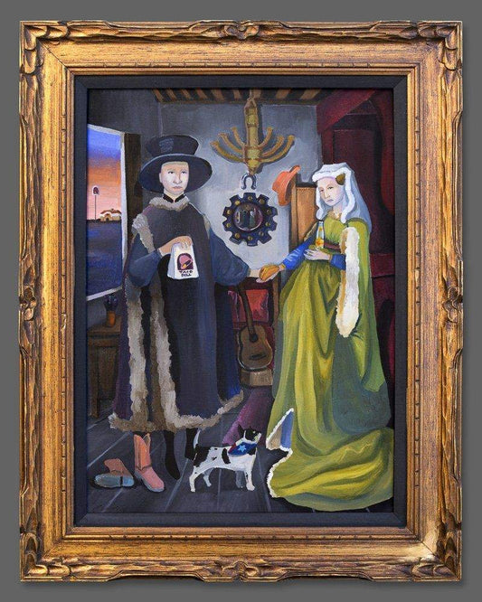 The Wedding by Caya Crum fine art print with vintage style couple and cat in ornate gold frame