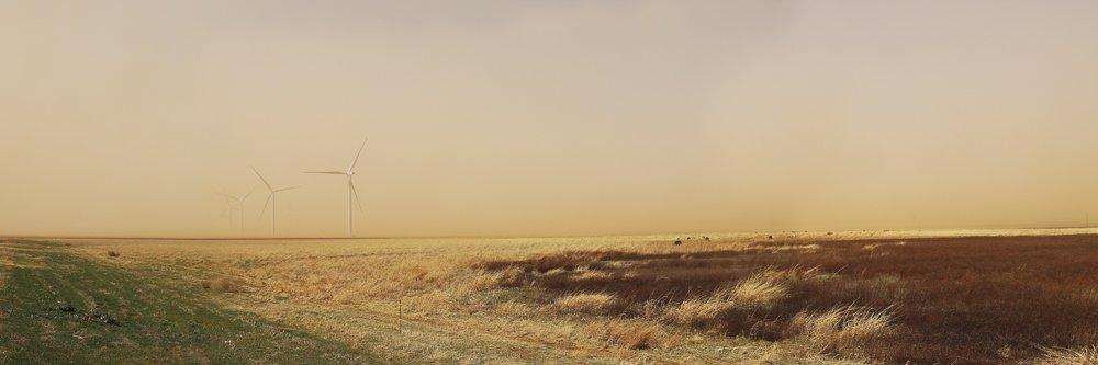 West Texas Dust Storm art print by Betsy Crum featuring windy plains and wind turbines in a modern Texas landscape