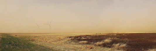 West Texas Dust Storm art print by Betsy Crum featuring windy plains and wind turbines in a modern Texas landscape