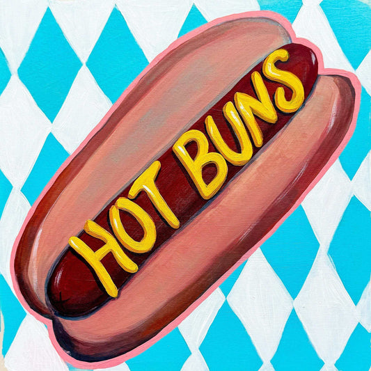 Hot Buns Hot Dog Print by Caya Crum pop art on cotton rag paper with blue diamond background