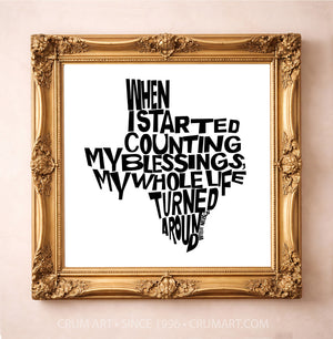 Willie Nelson Blessings B&W art print in a gold frame by Betsy Crum — square minimalist wall art from Crum Art, available at crumart.com. This museum quality print is made right here in Texas.
