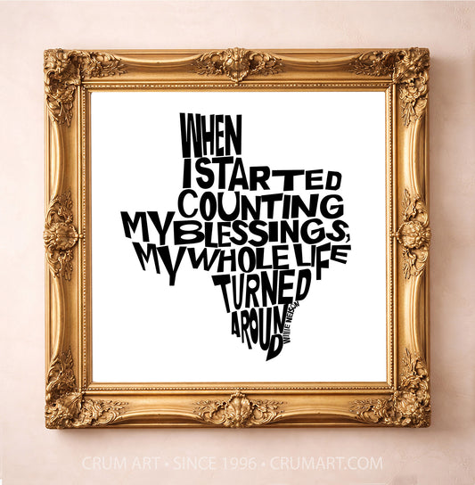 Willie Nelson Blessings B&W art print in a gold frame by Betsy Crum — square minimalist wall art from Crum Art, available at crumart.com. This museum quality print is made right here in Texas.