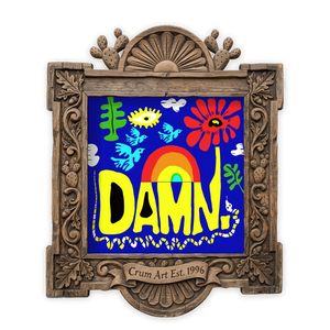 Funny Wall Art | DAMN. Jungalow Print | Betsy Crum — Blue — art print in a carved wood frame, Crum Art
