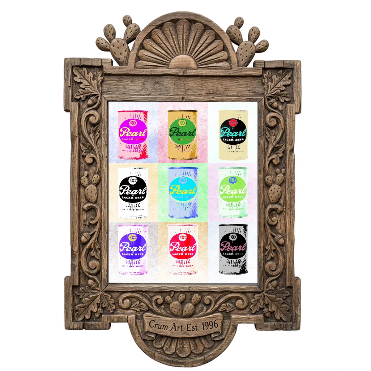 Nine Pearl Cans — bar art print by Betsy Crum in a carved wood frame