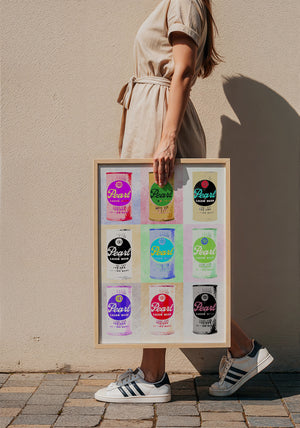 Nine Pearl Cans bar wall art print by Betsy Crum — framed with velvet mat