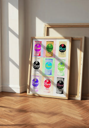 Nine Pearl Cans bar wall art print by Betsy Crum — neutral frame room mockup
