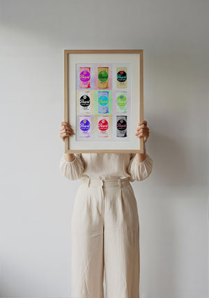 Nine Pearl Cans bar wall art print by Betsy Crum — framed with velvet mat