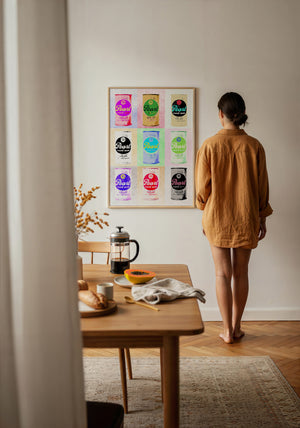 Nine Pearl Cans bar wall art print by Betsy Crum — framed with velvet mat