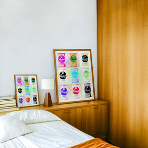 Nine Pearl Cans bar wall art print by Betsy Crum — framed in a wood-accent room
