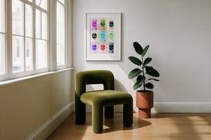 Nine Pearl Cans bar wall art print by Betsy Crum — framed with velvet mat