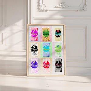 Nine Pearl Cans bar wall art print by Betsy Crum — neutral frame room mockup