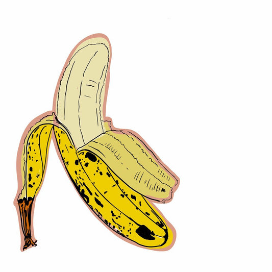 Banana print in Warhol style with peeled yellow banana on white background