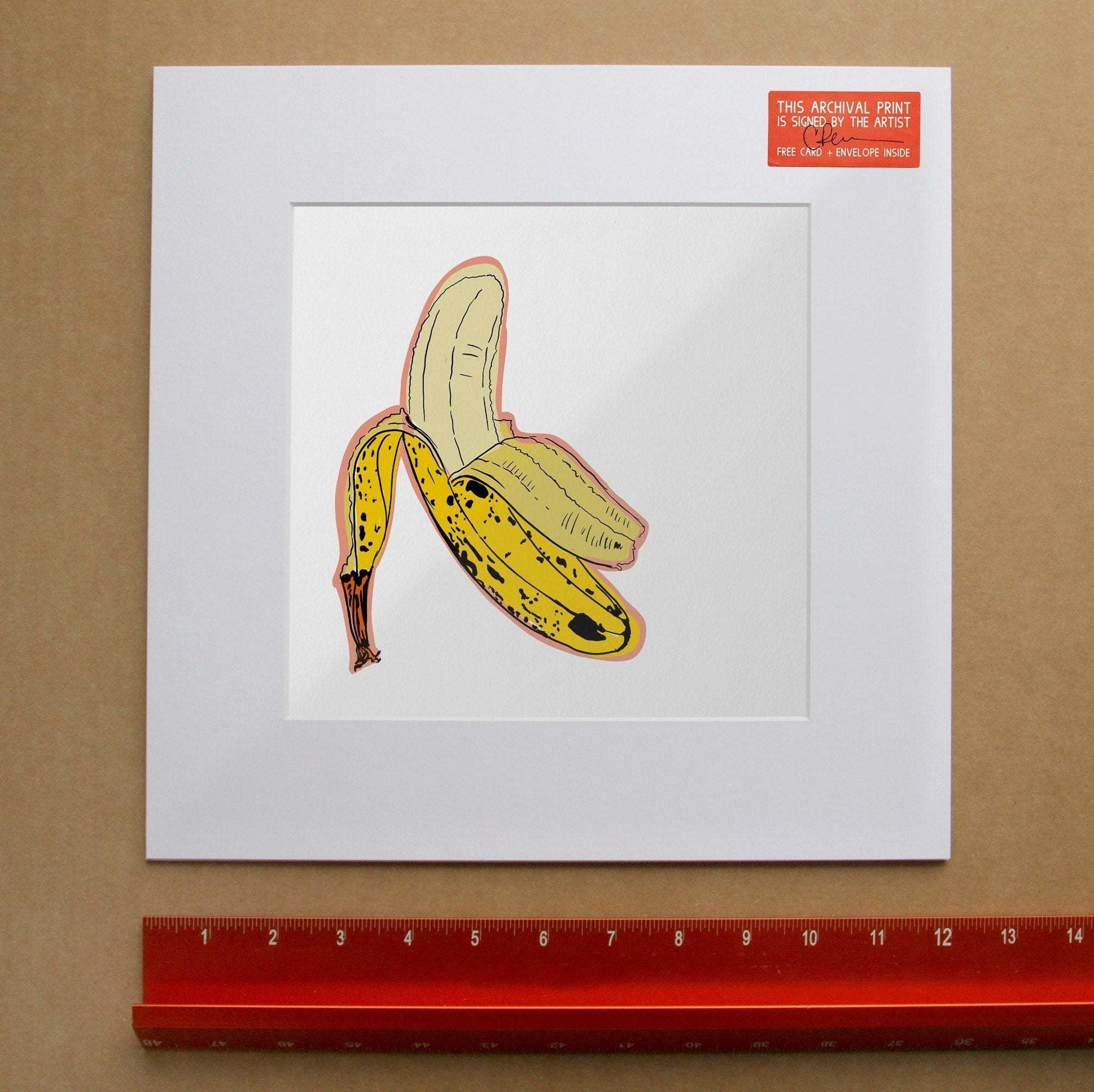Banana print Warhol style artwork on white acid-free cotton paper with artist signature and matting.