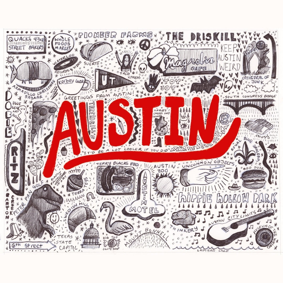 Austin Wall Art: Austin Icons Pen & Ink Print by Caya Crum Art