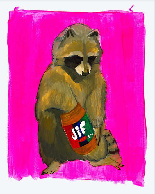 Jif Raccoon art print by Caya Crum showing raccoon holding Jif peanut butter jar on bright pink background