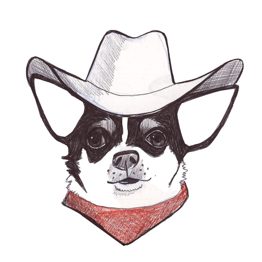 Rodeo Tickets Chihuahua Print by Caya Crum featuring sketch of chihuahua wearing cowboy hat and red bandana