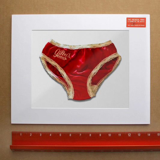 Gilley's Panties Print by Crum Art, archival giclée on cotton rag paper, Texas wall art, red panties with lace trim in white mat frame