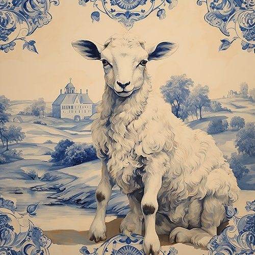 Gorgeous Blue And White Chinoiserie Sheep Betsy Crum art print by Betsy Crum
